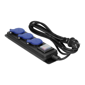 Heavy-duty, splash-proof extension sockets, with central switch and rubber cord, 3 sockets 2P+E, IP44, H05RR-F 3x1.5mm² - 3m