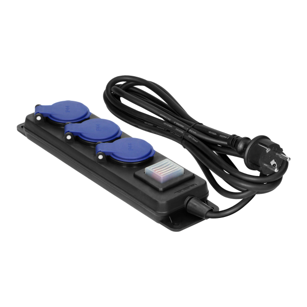 Heavy-duty, splash-proof extension sockets, with central switch and rubber cord, 3 sockets 2P+E, IP44, H05RR-F 3x1.5mm² - 3m