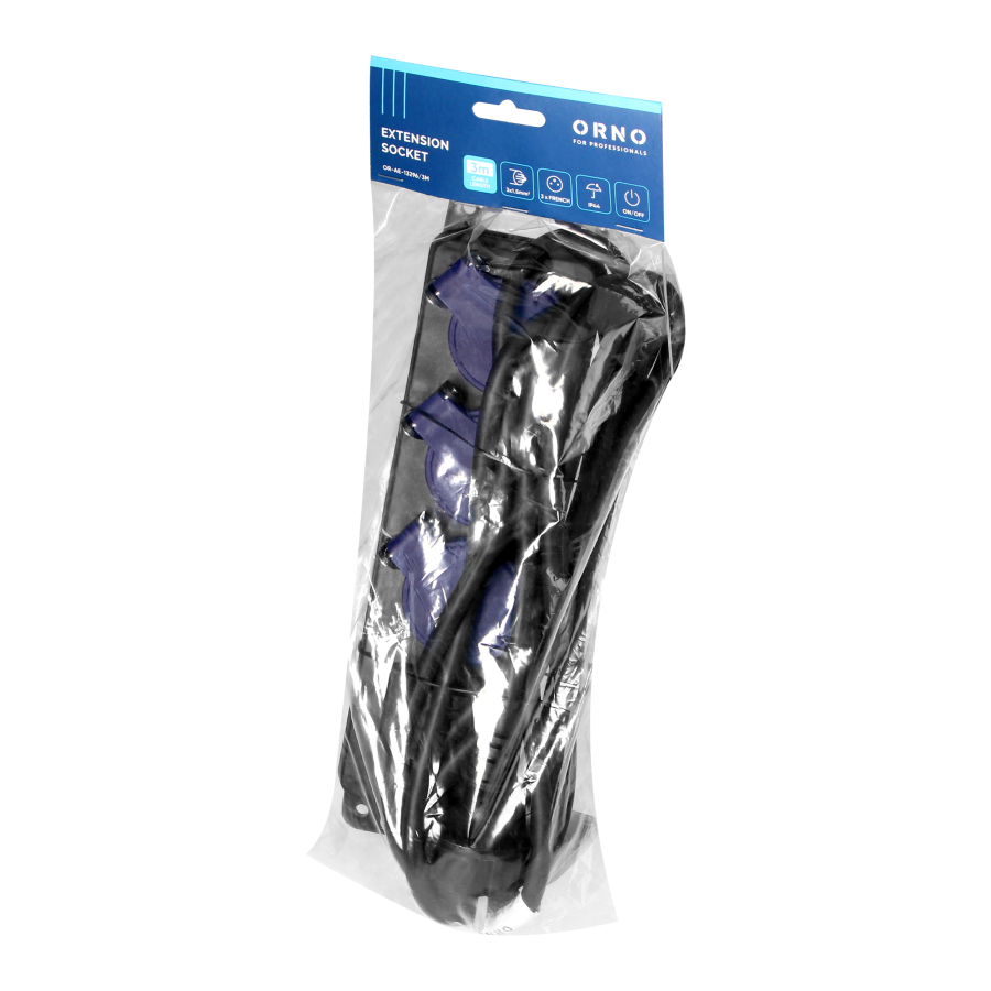 Przedłużacz warsztatowy bryzgoszczelny z wyłącznikiem IP44, 3 gniazda 2P+Z IP44, przewód gumowy, H05RR-F 3x1,5mm², 3m