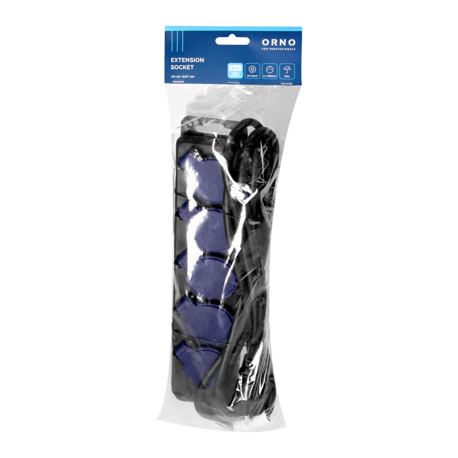 Przedłużacz warsztatowy bryzgoszczelny IP44, 5 gniazda 2P+Z IP44, przewód gumowy, H05RR-F 3x1,5mm², długość 3m