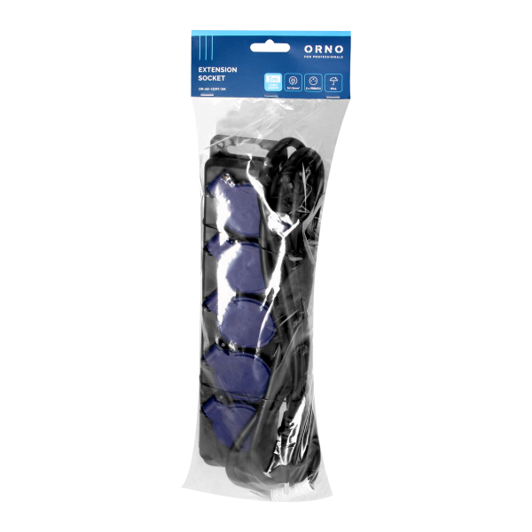 Przedłużacz warsztatowy bryzgoszczelny IP44, 5 gniazda 2P+Z IP44, przewód gumowy, H05RR-F 3x1,5mm², długość 3m