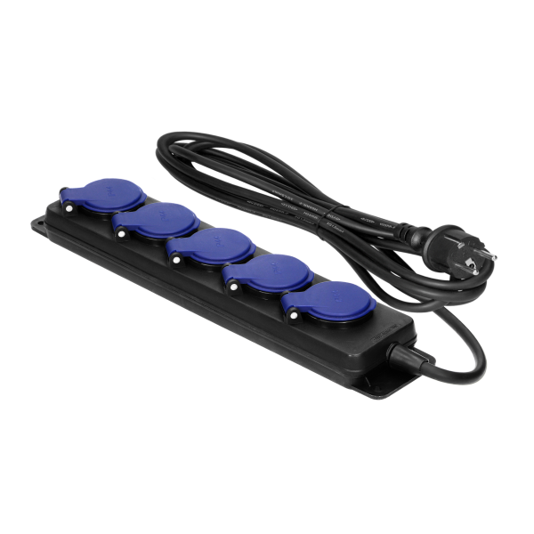 Heavy-duty, splash-proof extension sockets, with rubber cord, 5 sockets 2P+E, IP44, H05RR-F 3x1.5mm² - 5m