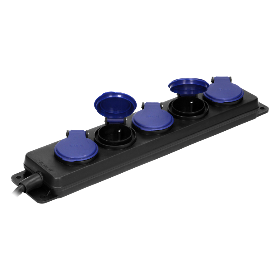 Heavy-duty, splash-proof extension sockets, with rubber cord, 5 sockets 2P+E, IP44, H05RR-F 3x1.5mm² - 5m