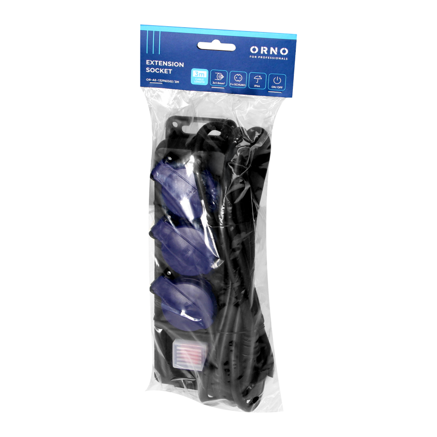 Heavy-duty, splash-proof extension sockets, with central switch and rubber cord, 3 sockets 2P+E (Schuko), IP44, H05RR-F 3x1.5mm² - 3m