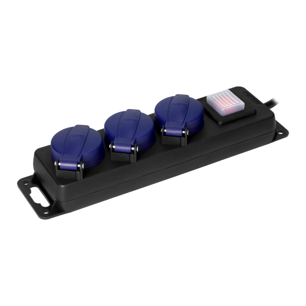 Heavy-duty, splash-proof extension sockets, with central switch and rubber cord, 3 sockets 2P+E (Schuko), IP44, H05RR-F 3x1.5mm² - 3m