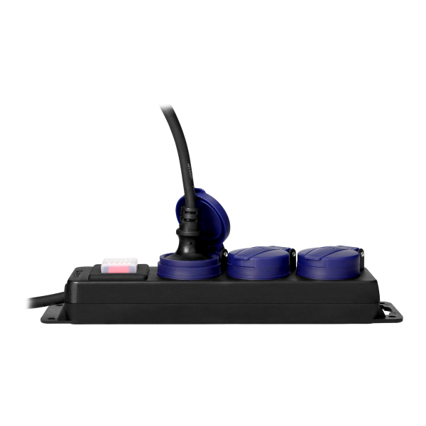 Heavy-duty, splash-proof extension sockets, with central switch and rubber cord, 3 sockets 2P+E (Schuko), IP44, H05RR-F 3x1.5mm² - 3m