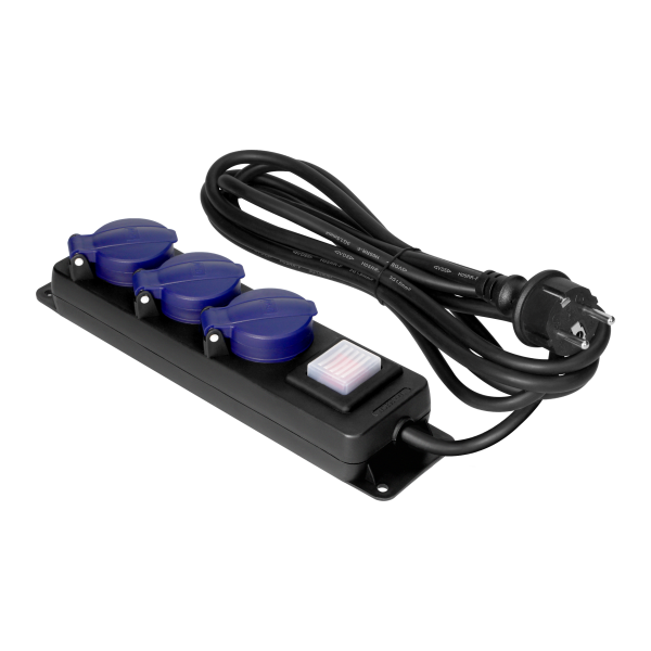Heavy-duty, splash-proof extension sockets, with central switch and rubber cord, 3 sockets 2P+E (Schuko), IP44, H05RR-F 3x1.5mm², 5m