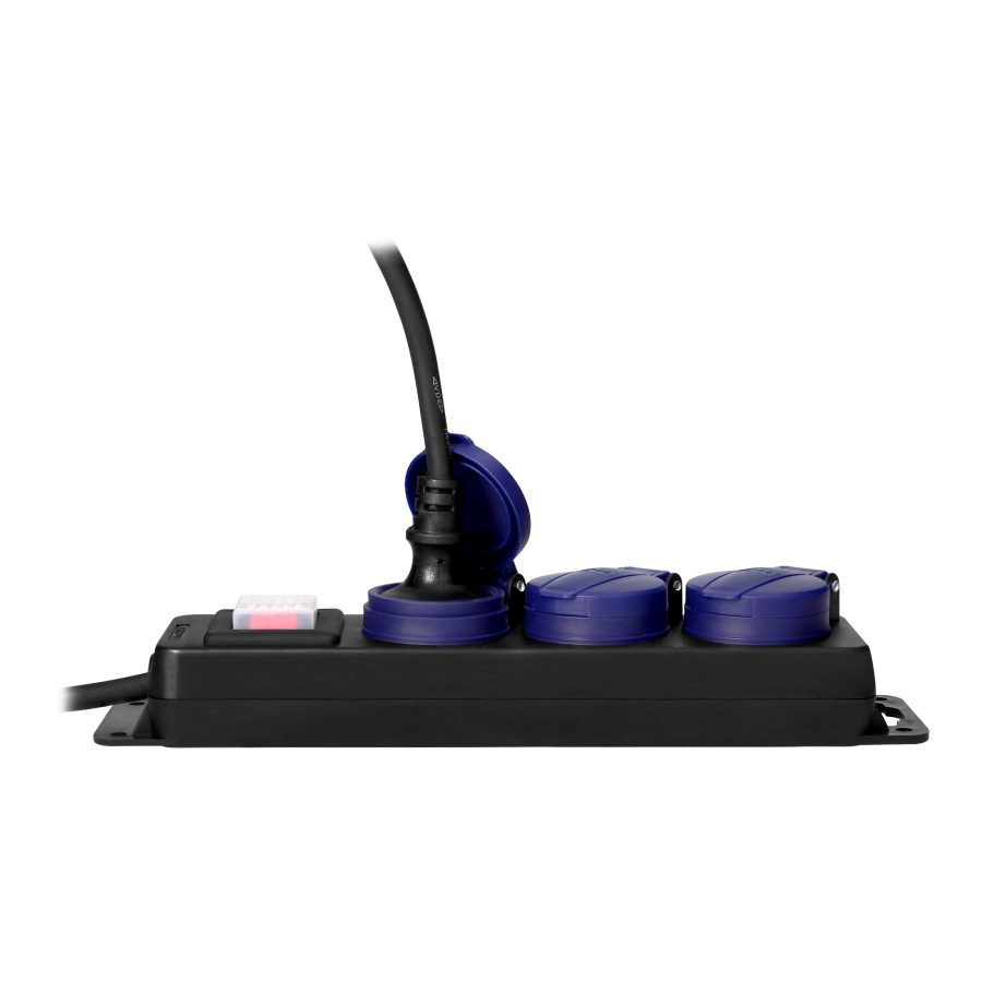 Heavy-duty, splash-proof extension sockets, with central switch and rubber cord, 3 sockets 2P+E (Schuko), IP44, H05RR-F 3x1.5mm², 5m