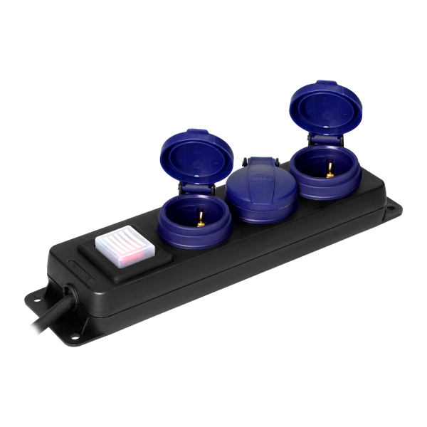 Heavy-duty, splash-proof extension sockets, with central switch and rubber cord, 3 sockets 2P+E (Schuko), IP44, H05RR-F 3x1.5mm², 5m