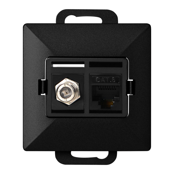 Single socket type F + Single socket tel-comp. RJ-45 Cat6 Pearl, TV/F+RJ45/P, black