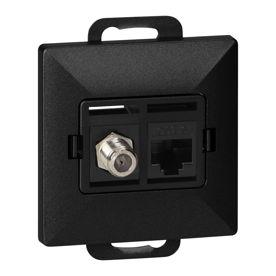 Single socket type F + Single socket tel-comp. RJ-45 Cat6 Pearl, TV/F+RJ45/P, black
