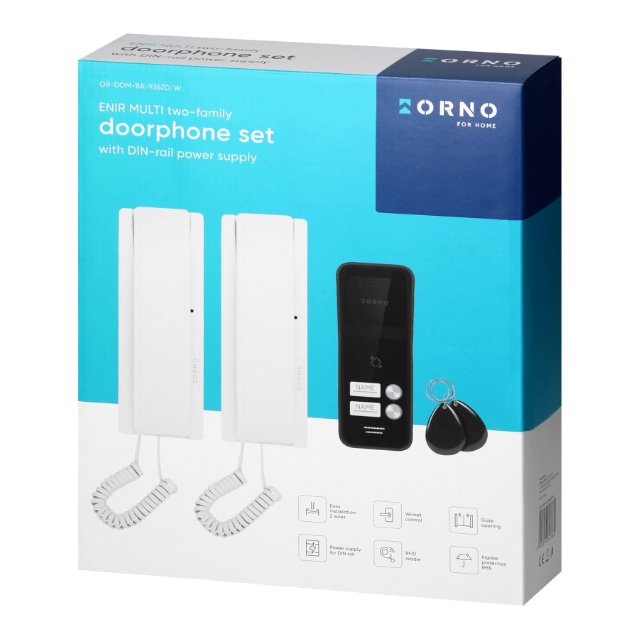 ENIR MULTI, two family audio doorphone set, 2-wire, DIN rail power supply RFID, white