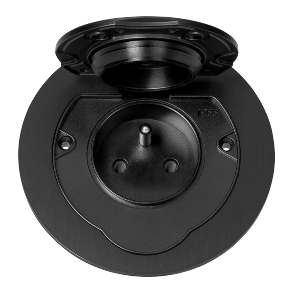 Hermetic, flush-fitting socket, round, IP55, 1x2P+E(French), black
