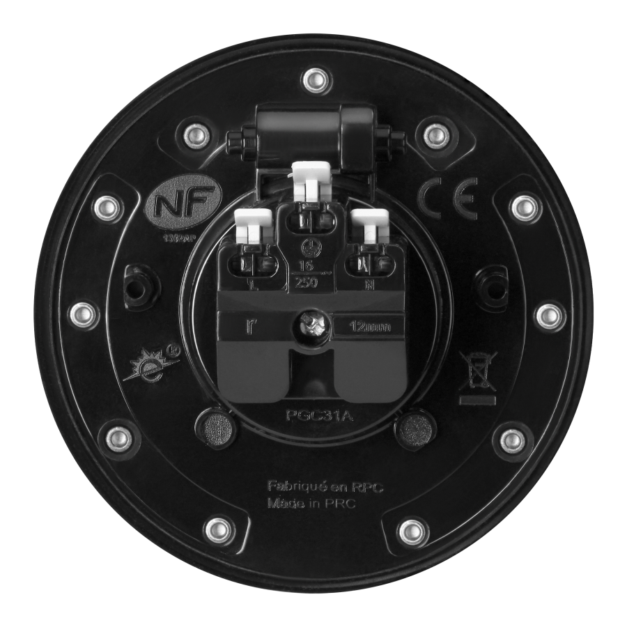 Hermetic, flush-fitting socket, round, IP55, 1x2P+E(French), black