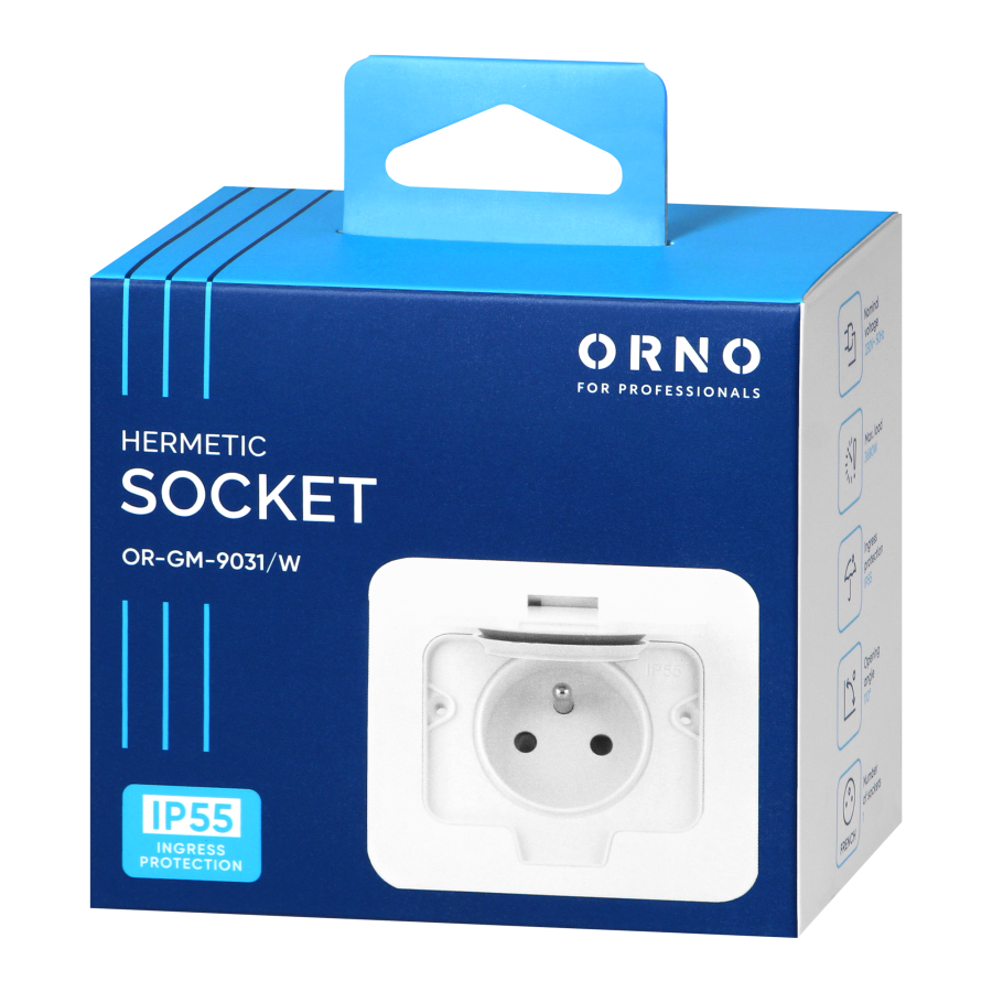 Hermetic, flush-fitting socket, rectangular, IP55, 1x2P+E(French), white