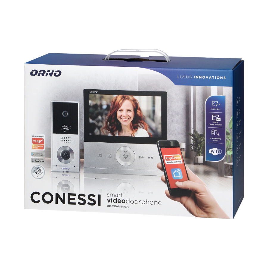 Zestaw wideodomofonowy CONESSI Full HD, bezsłuchawkowy monitor 7" LCD, kaseta zewnętrzna z czytnikiem kart i breloków RFID, WiFi i obsługa poprzez aplikację Tuya
