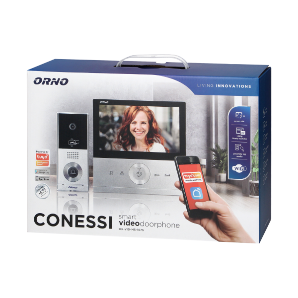 Zestaw wideodomofonowy CONESSI Full HD, bezsłuchawkowy monitor 7" LCD, kaseta zewnętrzna z czytnikiem kart i breloków RFID, WiFi i obsługa poprzez aplikację Tuya