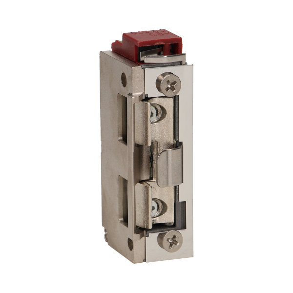 Electric strike with latch guide and unclosed door signalling, reversible, MINI