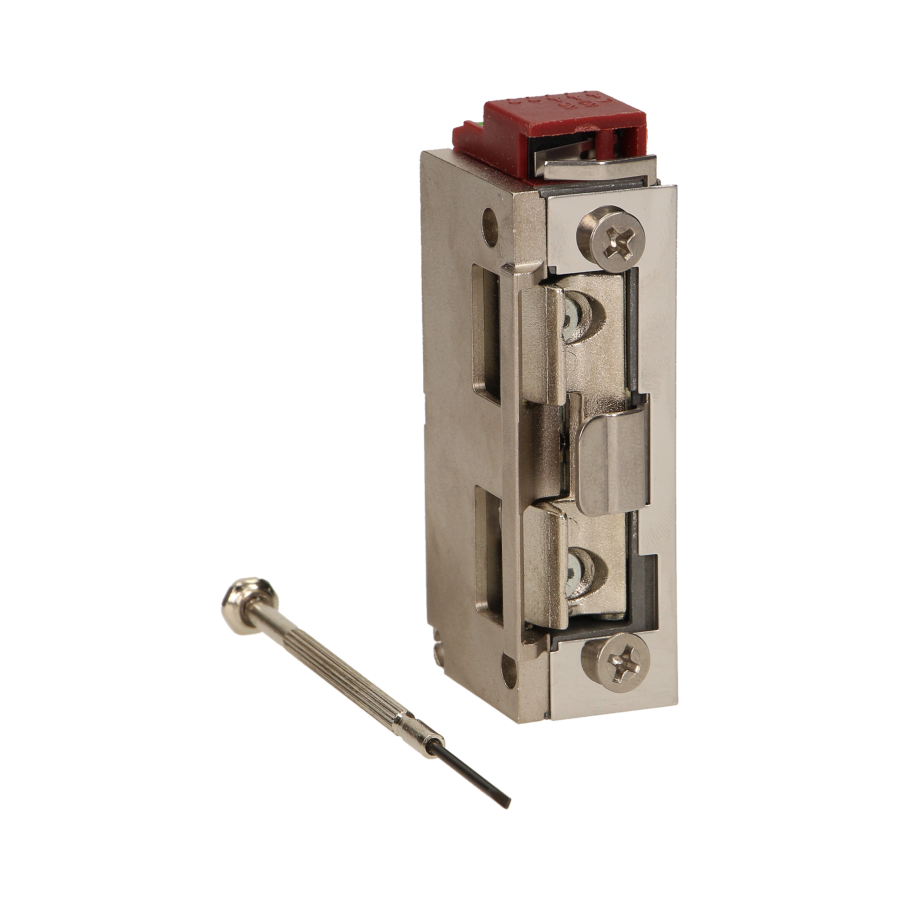 Electric strike with latch guide and unclosed door signalling, reversible, MINI