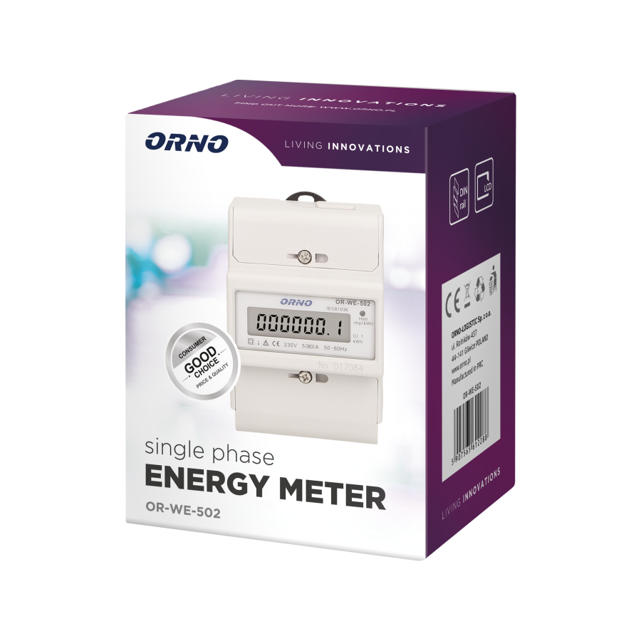 1-fazowy wskaźnik zużycia energii elektrycznej, 80A, 3 moduły, DIN TH-35mm