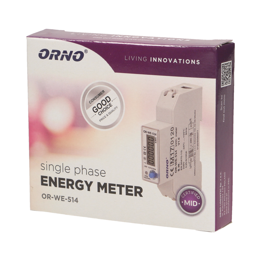 1-fazowy licznik energii elektrycznej, 100A, port RS-485, MID, 1 moduł, DIN TH-35mm