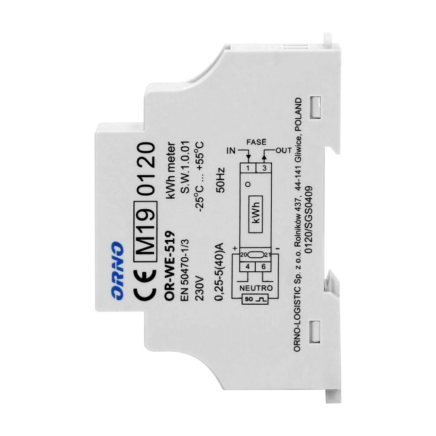 1-fazowy licznik energii elektrycznej, 40A, MID, wyjście impulsowe, 1 moduł, DIN TH-35mm