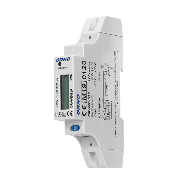 1-fazowy licznik energii elektrycznej, 40A, MID, wyjście impulsowe, 1 moduł, DIN TH-35mm