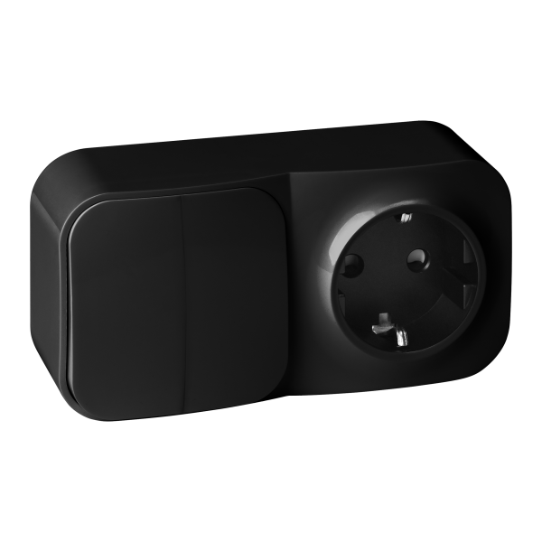 Surface-mounted two-button switch + Single socket ToDo, IP20, 2P+E, Schuko, black, 10 pcs.