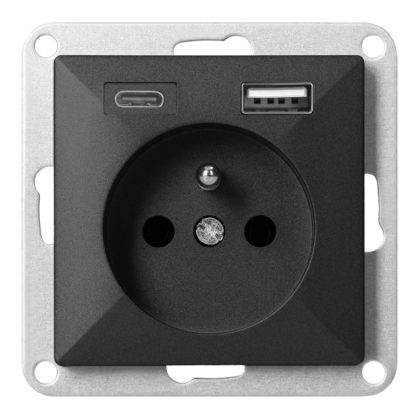 Flush-mounted single socket 2P+E with charger USB A+C Pearl, 16A, 250V, PT-16P/USB, black Flush-mounted single socket 2P+E with charger USB A+C Pearl, 16A, 250V, PT-16P/USB, black
