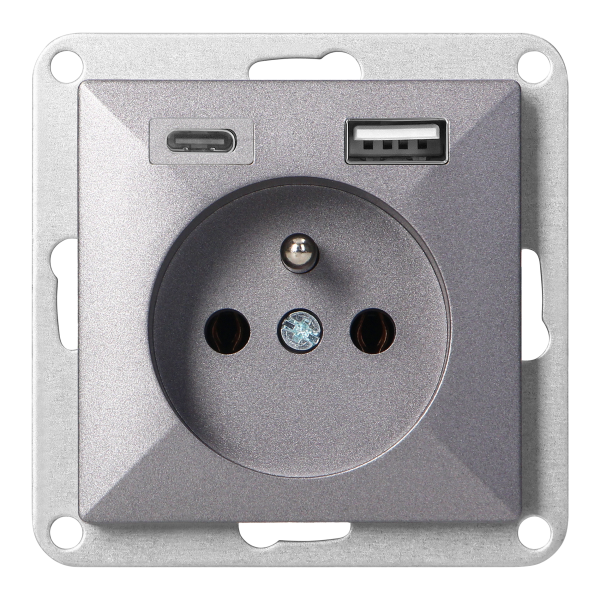 Gniazdo pojedyncze p/t 2P+Z z ładowarką USB A+C Pearl, 16A, 250V, PT-16P/USB, antracyt
