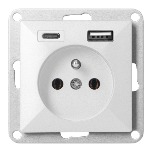 Flush-mounted single socket 2P+E with charger USB A+C Pearl, 16A, 250V, PT-16P/USB, white
