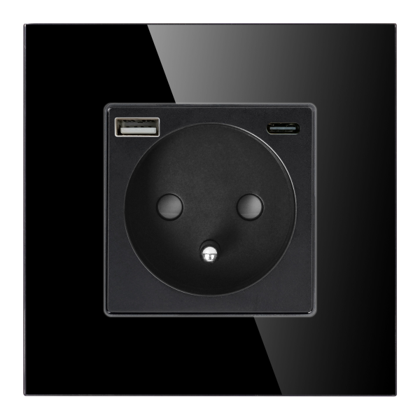Gniazdo pojedyncze 2P+Z, USB-A + USB-C, PD, max. 20W, czarny