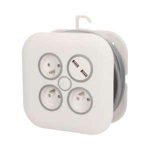 Przedłużacz zwijany, 3 gniazda 2P+Z, płaska wtyczka, ładowarka USB, polwinit H05VV-F 3x1mm² , długość 7m