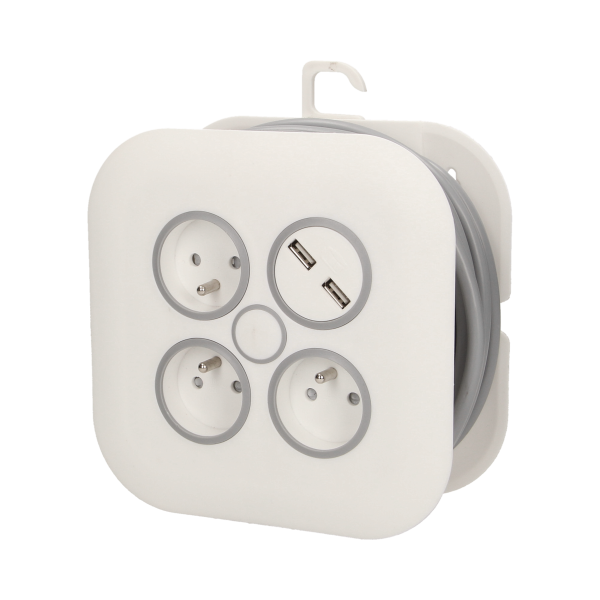 Przedłużacz zwijany, 3 gniazda 2P+Z, płaska wtyczka, ładowarka USB, polwinit H05VV-F 3x1mm² , długość 7m