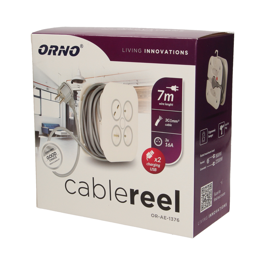 Cable reel with flat plug, USB charger and 3 sockets 2P+E, cable: PVC H05VV-F 3x1mm², 7m long