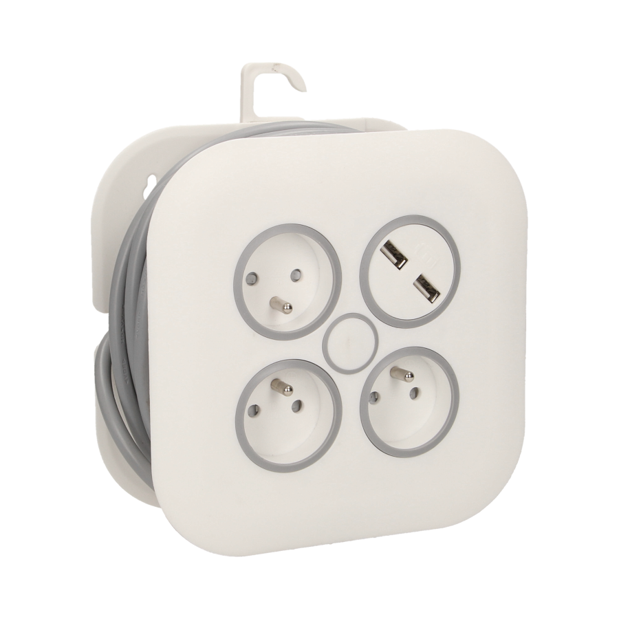 Cable reel with flat plug, USB charger and 3 sockets 2P+E, cable: PVC H05VV-F 3x1mm², 7m long