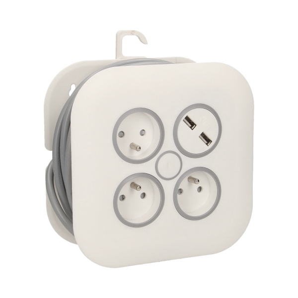 Cable reel with flat plug, USB charger and 3 sockets 2P+E, cable: PVC H05VV-F 3x1mm², 7m long