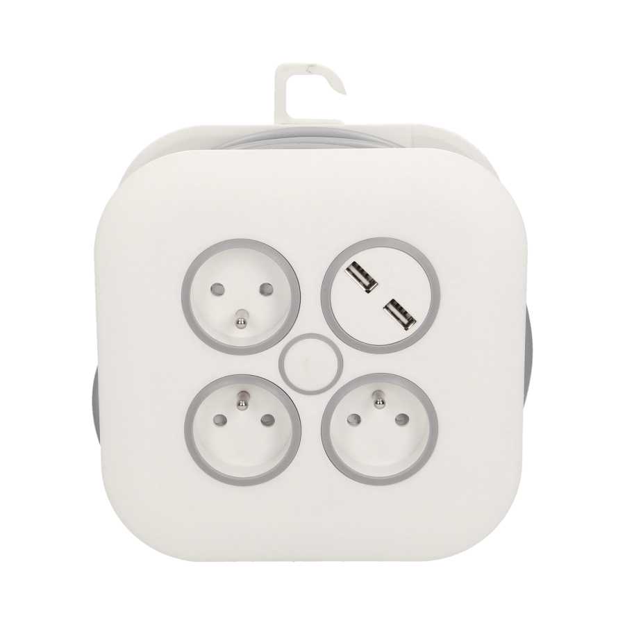 Cable reel with flat plug, USB charger and 3 sockets 2P+E, cable: PVC H05VV-F 3x1mm², 7m long