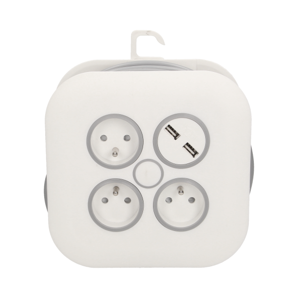 Cable reel with flat plug, USB charger and 3 sockets 2P+E, cable: PVC H05VV-F 3x1mm², 7m long