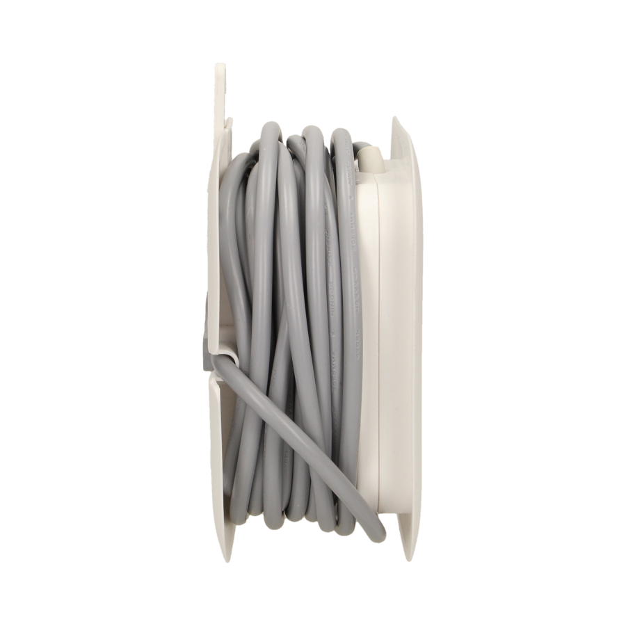 Cable reel with flat plug, USB charger and 3 sockets 2P+E, cable: PVC H05VV-F 3x1mm², 7m long