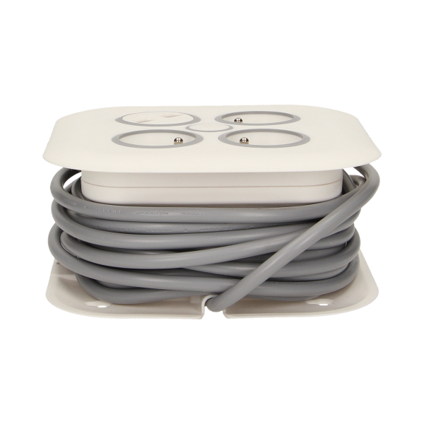 Cable reel with flat plug, USB charger and 3 sockets 2P+E, cable: PVC H05VV-F 3x1mm², 7m long