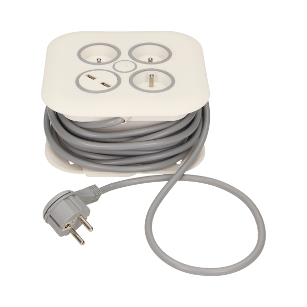 Przedłużacz zwijany, 3 gniazda 2P+Z, płaska wtyczka, ładowarka USB, polwinit H05VV-F 3x1mm² , długość 7m