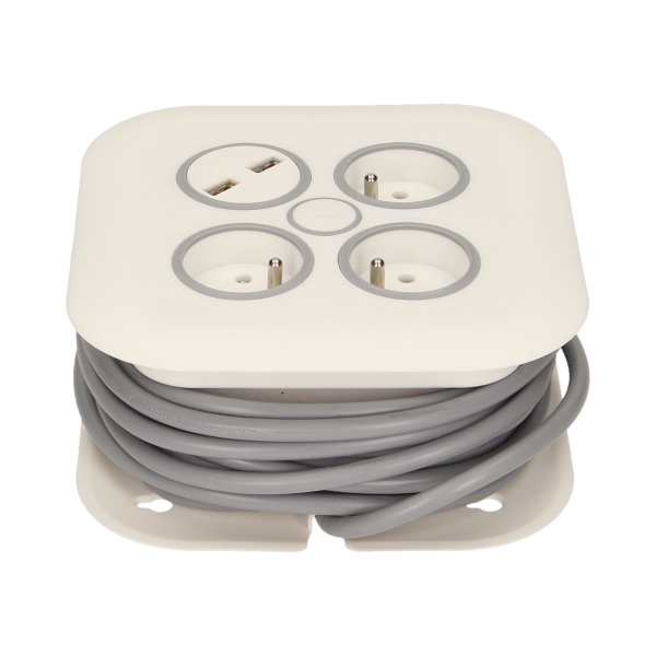 Przedłużacz zwijany, 3 gniazda 2P+Z, płaska wtyczka, ładowarka USB, polwinit H05VV-F 3x1mm² , długość 7m