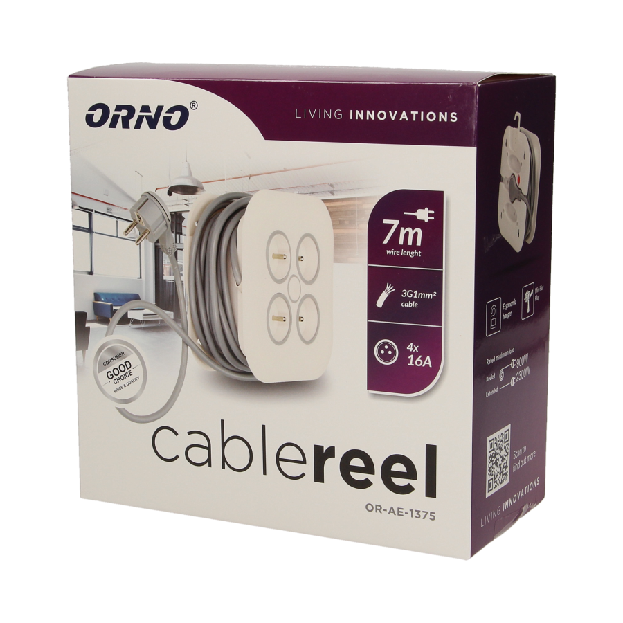 Cable reel with flat plug and 4 sockets 2P+E, cable: PVC, H05VV-F 3x1mm² , 7m long