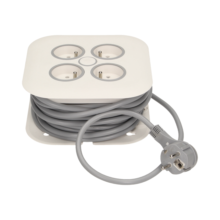 Cable reel with flat plug and 4 sockets 2P+E, cable: PVC, H05VV-F 3x1mm² , 7m long