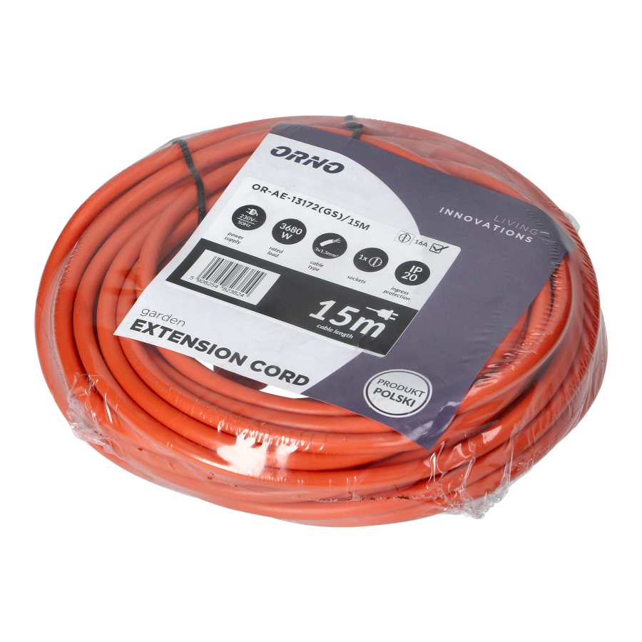 Przedłużacz ogrodowy pomarańczowy zalewany, 1x2P+Z (Schuko) 15m, H05VV-F 3x1,5mm2, 230VAC/16A , PRODUKT POLSKI