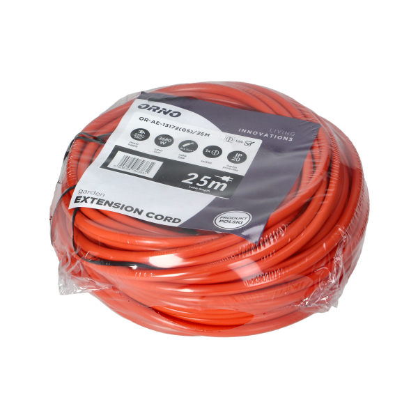 Przedłużacz ogrodowy pomarańczowy zalewany, 1x2P+Z (Schuko) 25m, H05VV-F 3x1,5mm2, 230VAC/16A , PRODUKT POLSKI