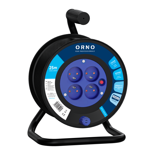 Cable reel, 4x 2P+E sockets, PVC, H05VV-F 3x1.5mm², 25m, thermic, safety shutters