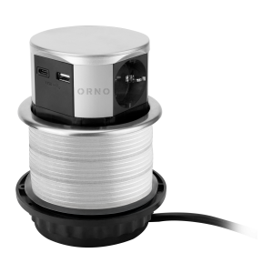 Vertical desk socket with USB charger Ø10cm, 1.5m cable, 3x2P+E (Schuko), 2xUSB (type A+C; max. 3A), silver