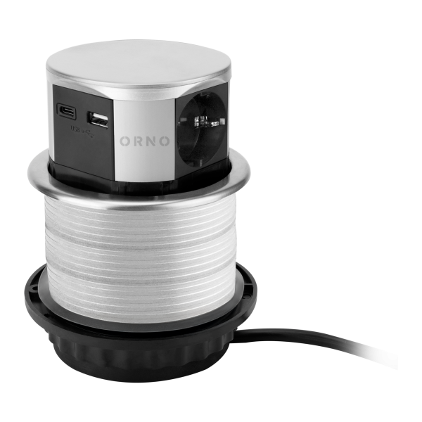 Vertical desk socket with USB charger Ø10cm, 1.5m cable, 3x2P+E (Schuko), 2xUSB (type A+C; max. 3A), silver